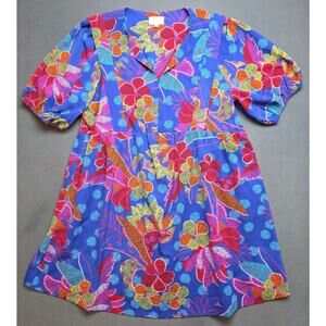 Sugar Lips Dress Size XL Bold Colorful Artwear Floral Puff‎ Sleeves Textile Art